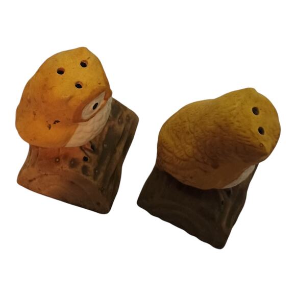 Owl Salt And Pepper Shakers Vintage On A Log Made In Taiwan Ceramic Bird 3" Tall - Picture 5 of 10
